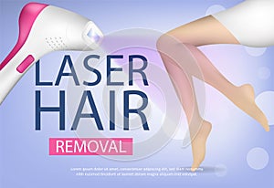 Colored and realistic banner with depilation by laser epilator. Hair removal on the body. Composition with woman figure