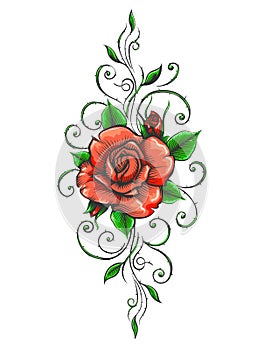 Colored Roses Flower Tattoo in Engraving Style