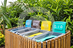 Colored Rubbish Containers for Separate Sorting of Garbage. Bins for Recycling Different Types of Waste Plastic, Glass
