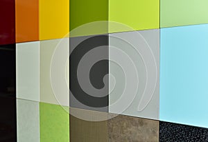 Colored samples of furniture fronts. Ceramic tile