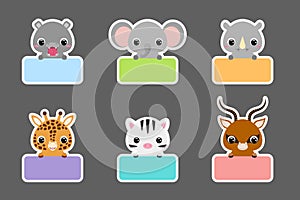 Colored school labels set for kids. Cute cartoon animals shaped notepads, memo pad, sticky tags, scrapbooking, cards