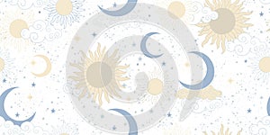 Colored seamless boho pattern for astrology, tarot. Gold sun and blue crescent moon with stars on a white background