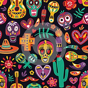 Colored seamless pattern with traditional Dia de los Muertos decorations on black background. Holiday backdrop. Festive