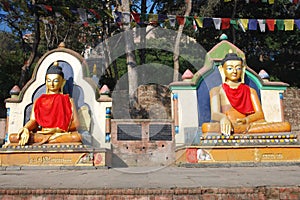 Colored seated Buddha statues -Swayambhunath-Nepal