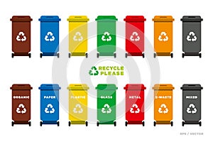 Colored Separation Recycling Bins for organic, paper, plastic, glass, metal, e-waste and mixed waste.