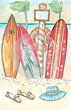 Colored serf boads on the beach photo