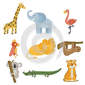 Colored set of animal and birds. Giraffe, elephant, flamingo, parrot, lion, sloth, koala bear, crocodile and tiger. Zoo