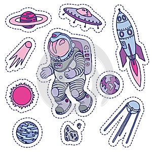 Colored set of galaxy cosmic elements astronaut, earth, satellite, comet, planet, sun, rocket and meteorite univerce