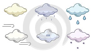 Colored set of icons on the theme of weather with various clouds