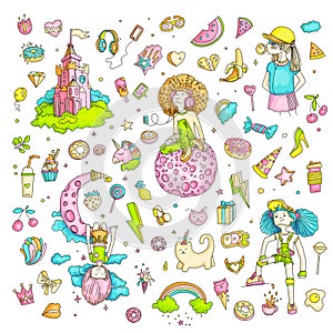 Colored Set of teenage girl icons, cute cartoon teen objects, fun stickers design vector in teenager girls concept