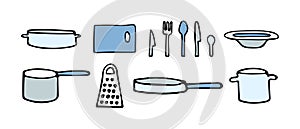 Colored set of vector illustrations of plates and mugs, knives and spoons, forks and cutting board, pots and pans