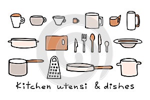 Colored set of vector illustrations of plates and mugs, knives and spoons, forks and cutting board, pots and pans