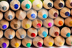 Colored sharpener pencils. Macro shot of many color pencils.