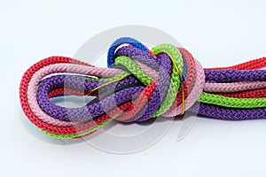 Colored shoe laces with polyester on a white background.