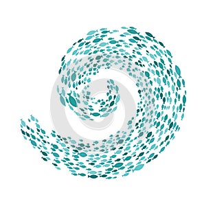 Colored silhouettes school of fish. A group of silhouette fish swim in a circle. Marine life. Vector illustration. Logo