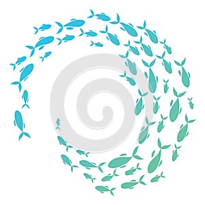 Colored silhouettes school of fish. A group of silhouette fish swim in a circle. Marine life. Vector illustration. Logo