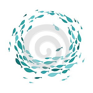 Colored silhouettes school of fish. A group of silhouette fish swim in a circle. Marine life. Vector illustration. Logo