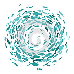 Colored silhouettes school of fish. A group of silhouette fish swim in a circle. Marine life. Vector illustration. Logo