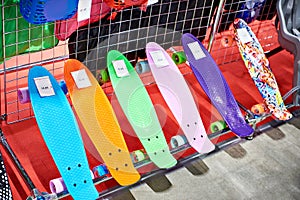 Colored skateboards in store