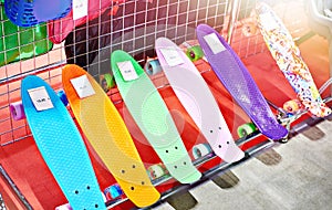 Colored skateboards in store