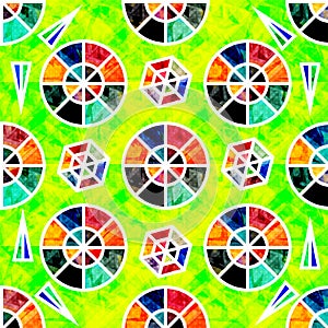 Colored small circles on a green background psychedelic geometric seamless abstract pattern