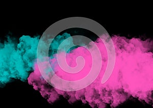 Colored smoke isolated on a black background. Blue and pink clouds template. Background from the smoke of vape