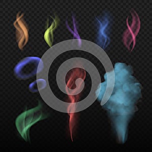 Colored smoke. Steam and smell spread buring haze colorful vector collection realistic set