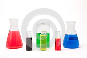 Colored solution in laboratory flasks