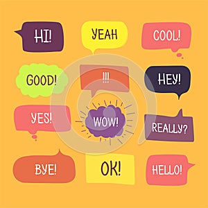 Colored speech bubbles set in flat design with short messages.