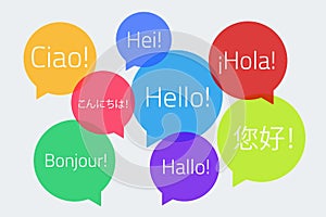 Colored speech bubbles with the text Hello in different language