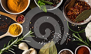 Colored spices with herbs on stone photo