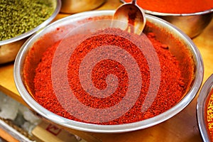 Colored spices on the Mahane Yehuda Market in Jerusalem.