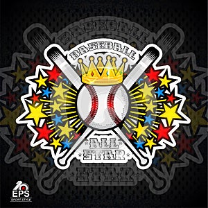 Colored stars fly out from baseball ball. Sport logo