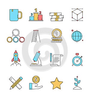 Colored startup icons. Business plan perfect innovation idea dreams entrepreneurship investors vector linear icon