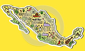 Colored sticker of Hand drawn doodle Mexico map. Mexican city names lettering and cartoon landmarks