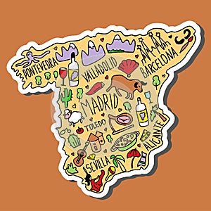 Colored Sticker of Hand drawn doodle Spain map. Spanish city names lettering and cartoon landmarks,
