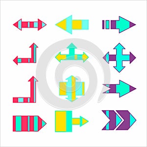 Colored striped creative vector arrows indicating directions