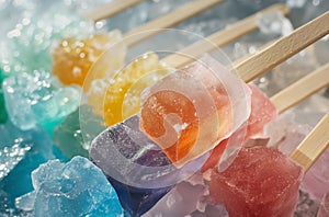 Colored sugar crystals on sticks with ice