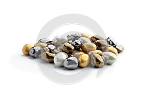 Colored sugared almonds isolated on white background