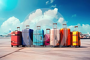 colored suitcases on runways, airplanes and blue sky on the background, Generative AI