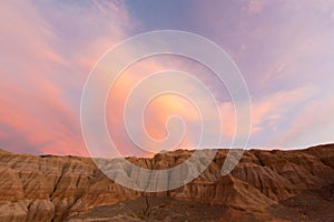 Colored sunset in Rodeo and geological rock formation, Argentina