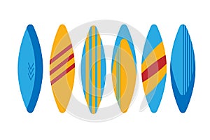 Colored surfboards.Surfing set, surfing summer water sports, board for wave riders and athletes, bright color.