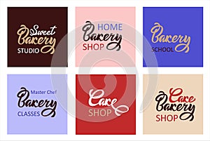 Colored Sweet Cake Bakery shop lettering typography set. Ideal for logotype design, icon, card, postcard, logo banner