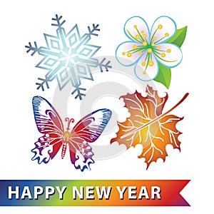 Colored symbols of new year. Snowflake,flower,butterfly,maple le