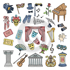 Colored symbols of theatre. Ballet and opera vector icons set isolate