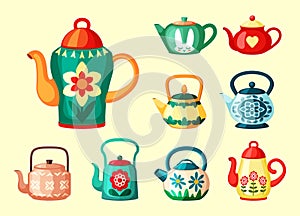 Colored teapots with drawings set. Bright green vessel with red vintage flower and yellow heart brewing ceramic