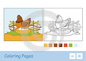 Colored template and colorless contour image of brood chicken sitting on eggs in nestle on countryside farm photo