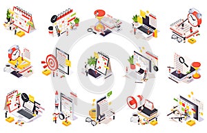 Colored Time Management Planning Schedule Isometric Icon Set