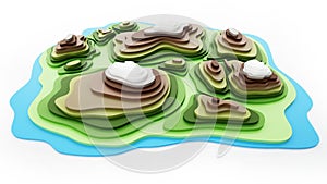 Colored topography map showing valleys and mountains. 3D illustration