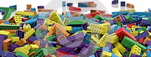 Colored toy bricks background. Rainbow colors. Random coloured plastic construction blocks. 3D illustration. 3D